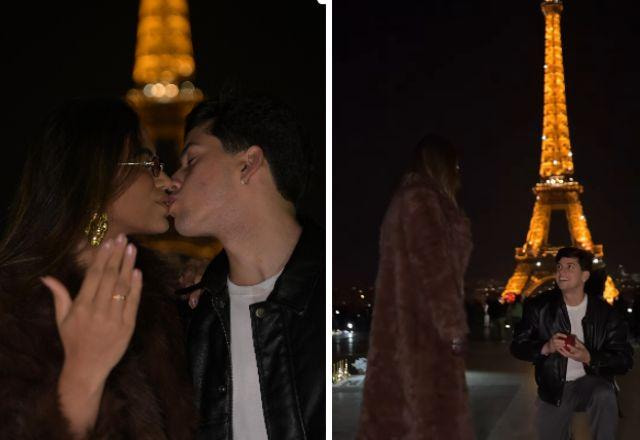 Léo Foguete com a noiva na frente da torre Eiffel.