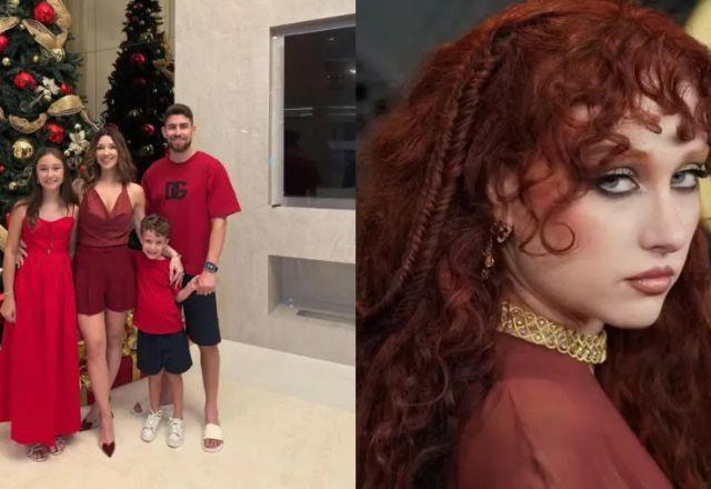 Arte com Chappell Roan e a família de Jorginho lado a lado