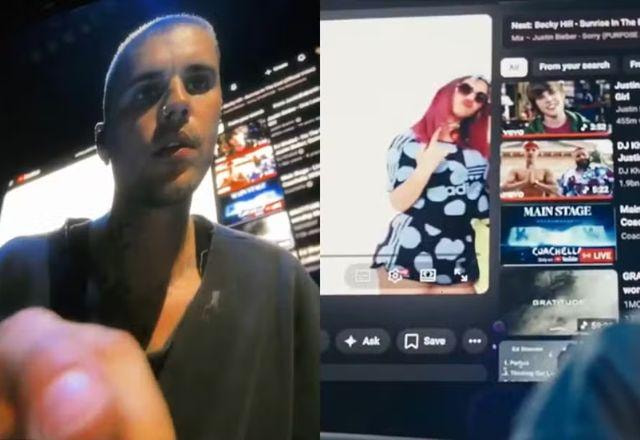 Na imagem, o cantor Justin Bieber se apresenta no Coachella 2026, com vídeos exibidos no telão enquanto se apresenta para o público