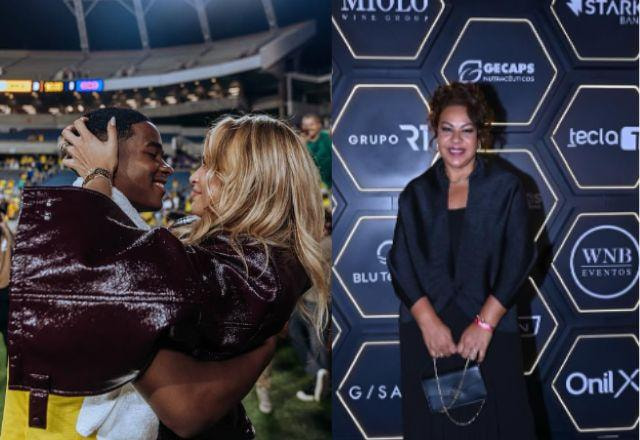 Na foto temos do lado esquerdo Endrick e Gabriely e do lado direito Cintia Ramos, mãe do jogador.