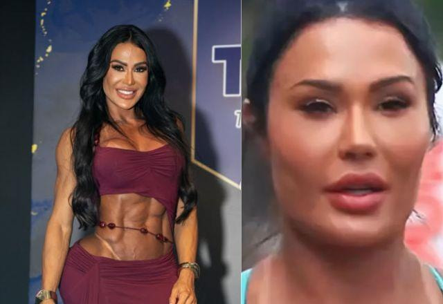 Na foto temos Gracyanne Barbosa com vestido vinho aberto pela área da barriga