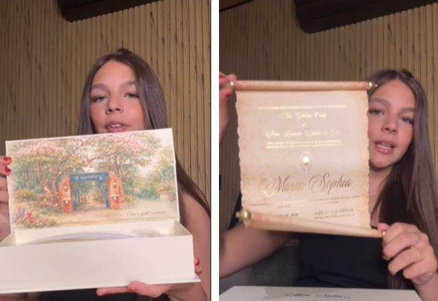 Maria Sophia mostra detalhes do convite de aniversário.