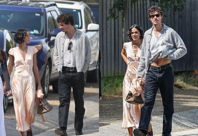 Na foto Bruna Marquezine está ao lado de Shawn Mendes com vestido longo bege