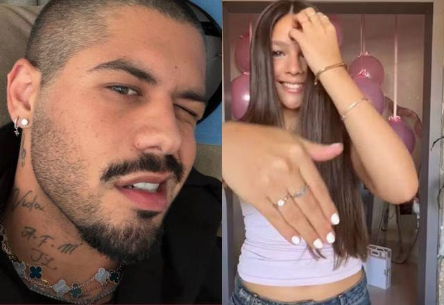 Na foto temos Zé Felipe e Maria Sophia mostrando seu novo anel