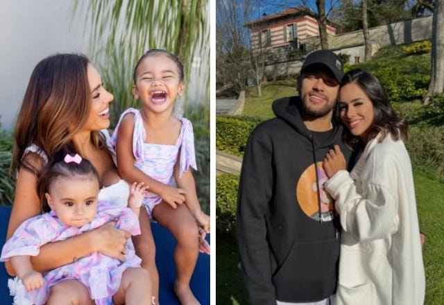 Bruna posa ao lado de Neymar e das filhas.