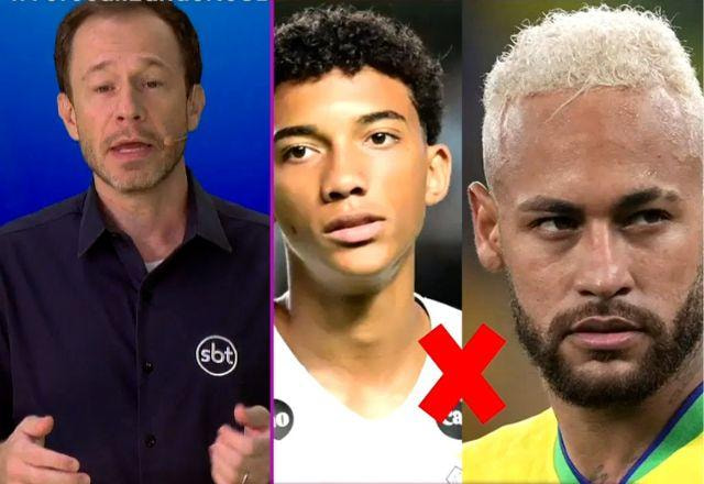 Tiago Leifert e foto de Robinho Jr. e Neymar Jr.