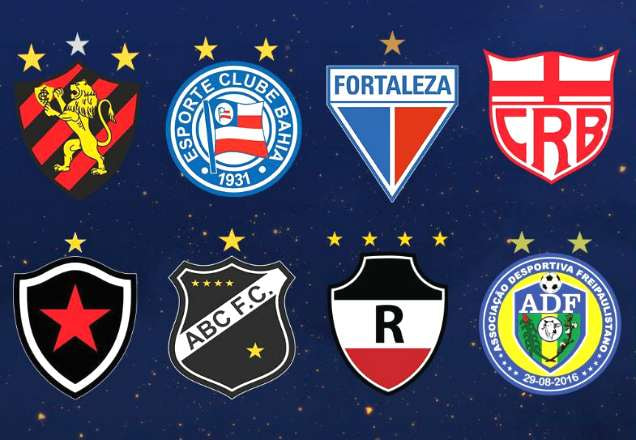 Imagem de oito escudos de clubes que participam da Copa do Nordeste 2020