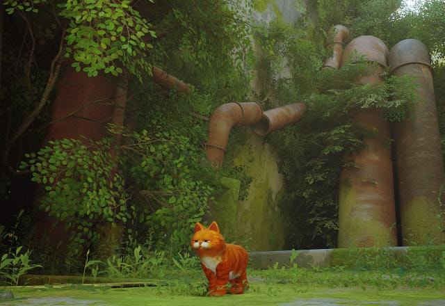 Screenshot do mod onde vemos o gato Garfield no lugar do gatinho de Stray