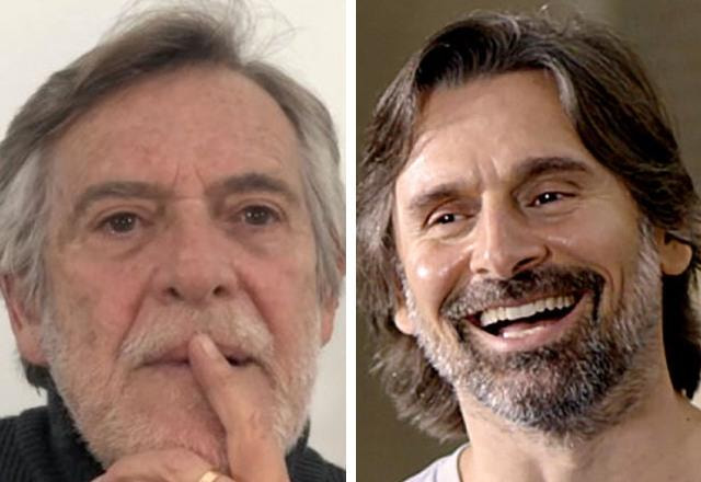 Montagem com fotos de Murilo Rosa sorrindo e José de Abreu com expressão de atenção