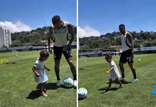 Print do vídeo em que Neymar e Mavie brincam em campo.