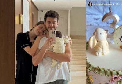 Camila Queiroz e Klebber Toledo celebram três meses da filha Clara com festa intimista