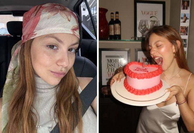 Bruna Furlan é fotografada olhando para o seu bolo de aniversário.