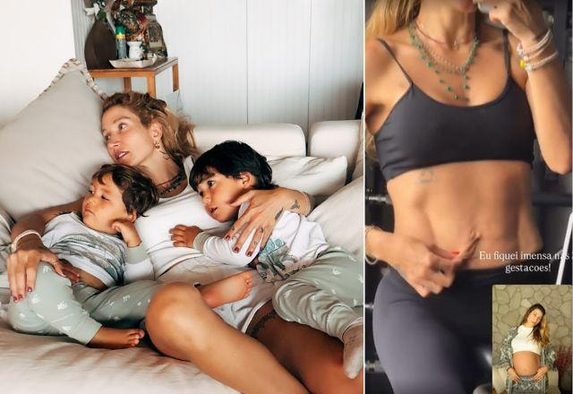 Gabriela Pugliesi com os filhos e mostrando barriga flácida