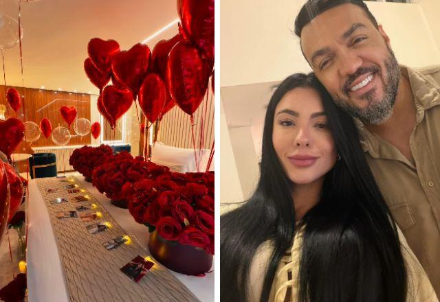 Rayane e Belo posam para foto.