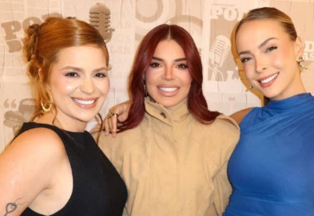 Na foto temos a esquerda Viih Tube, no meio a convidada do programa Gkay e ao lado direito Tata Estaniecki.