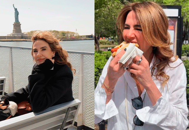 Luciana Gimenez experimenta comida de rua em Nova York e se diverte: "Não sei o que é"