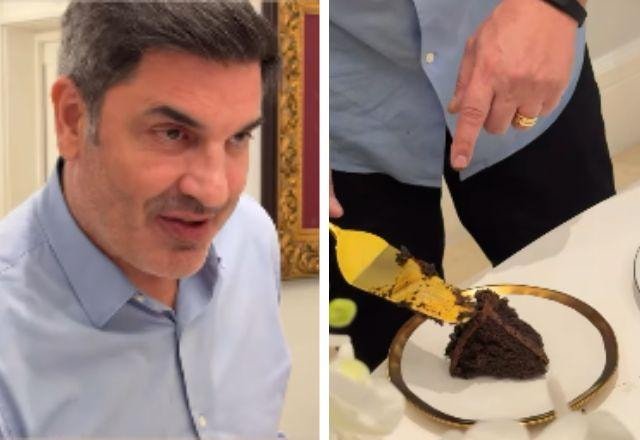 Edu Guedes corta um pedaço de bolo em print de vídeo.