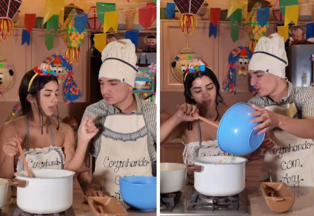 Ary Mirelle e João Gomes usam aventais em cenário de cozinha.